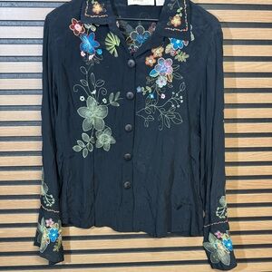 Anu By Natural Floral Embroidered Black Button-Up Blouse